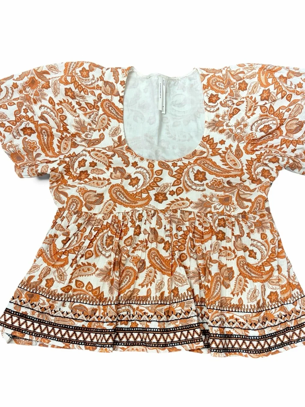 NWOT By Anthropologie Puff-Sleeve Babydoll Blouse Orange Paisley Boho M